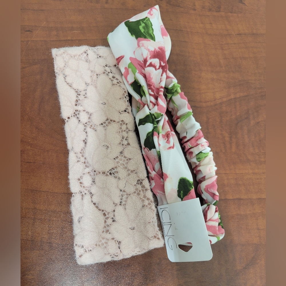 Icing Headband Set Of 2 Floral And Pink Lace Nwt
